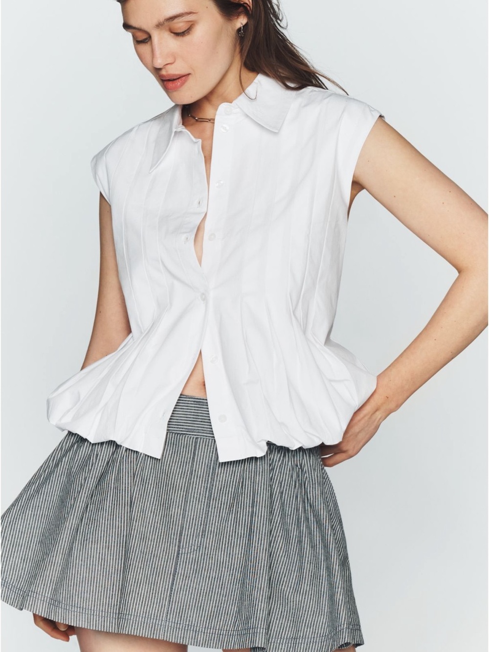 ANTHROPOLOGIE MAEVE Sleeveless Pleated Bubble Hem Button down Top White